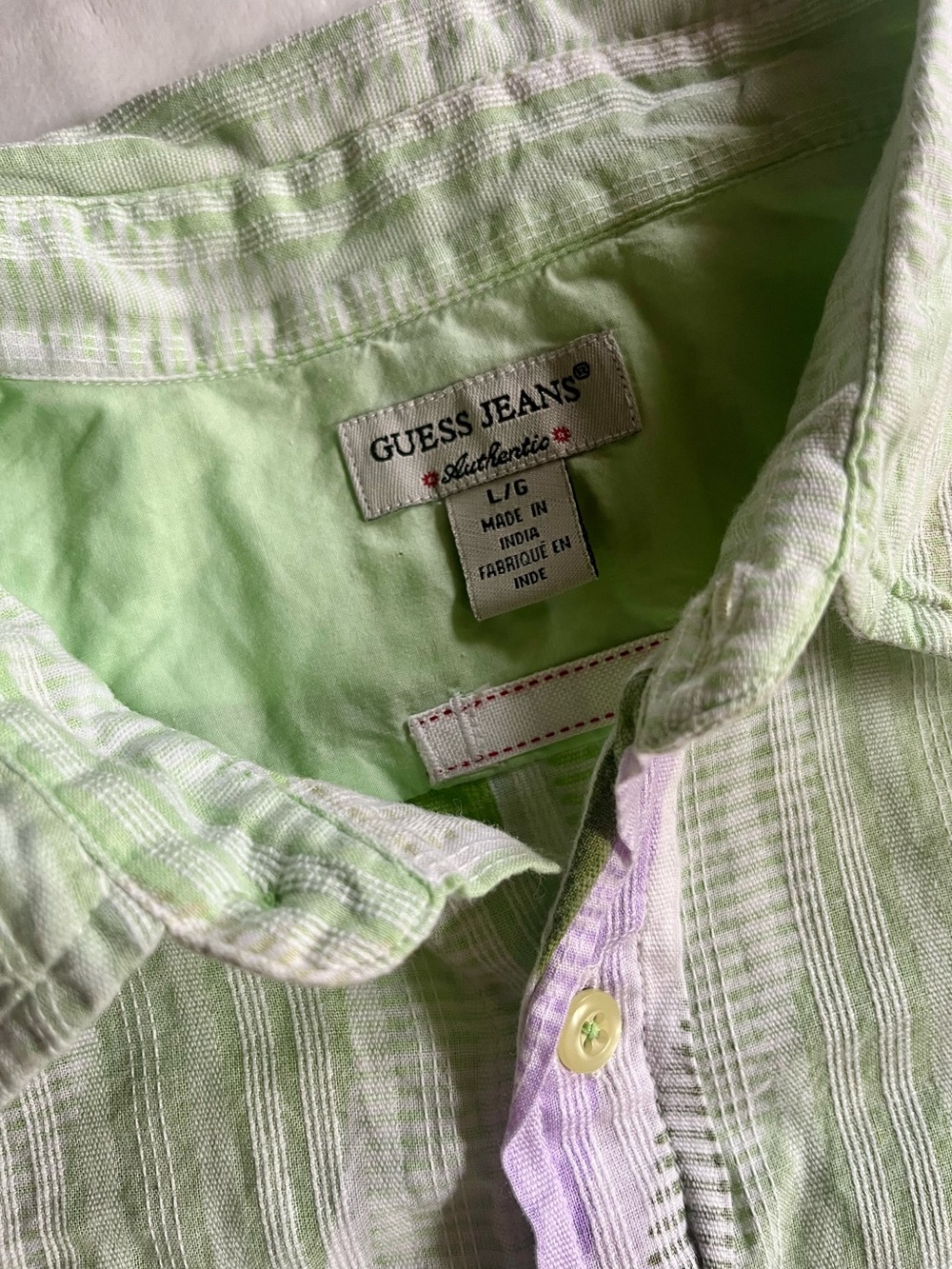 VINTAGE Guess Men's Striped Button-Up Shirt in Light Green and Lavender